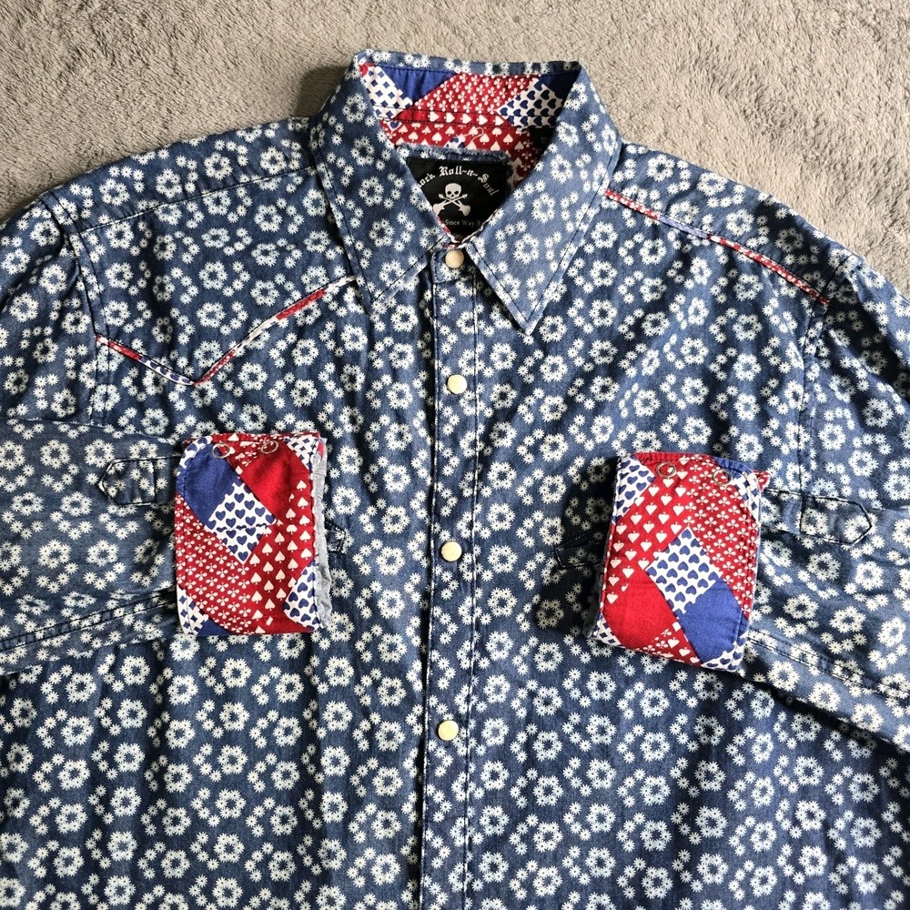 Rock Roll N Soul Shirt Mens Large Blue Floral Poker Flip Cuff Pearl Snap L/S